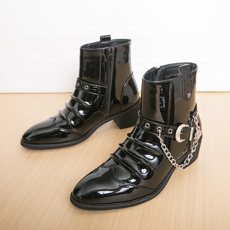 Designer New Men Pointed Punk Rock Metal Chain Leather Casual Chelsea Ankle Boot Male Winter High Top Monk Strap Hip-hop Shoes