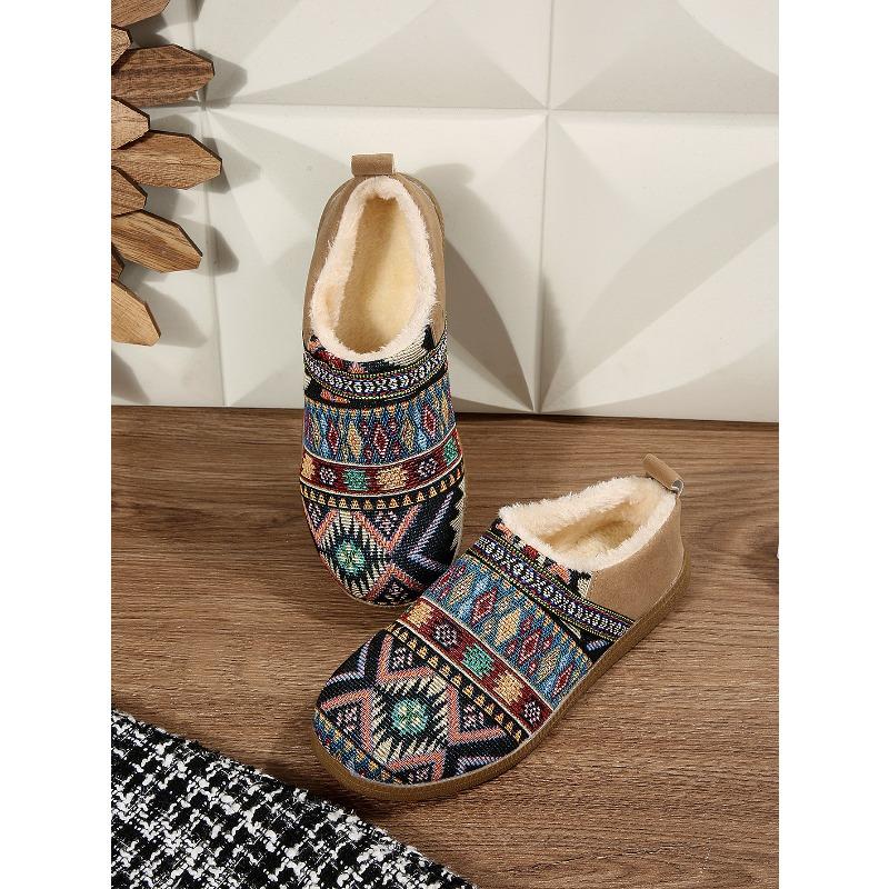 Plus-size Warm Cotton Shoes 2025 Winter New Fleece Color-blocking Ethnic Style Home Women's Shoes