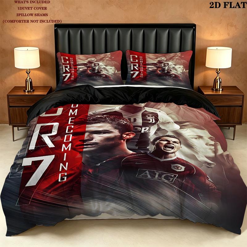 Cr7 Pattern Bedding Quilt Set Quilt Cover Pillowcase Home Birthday Gift(1 * Duvet Cover + 2 * Pillowcase, Without Core)