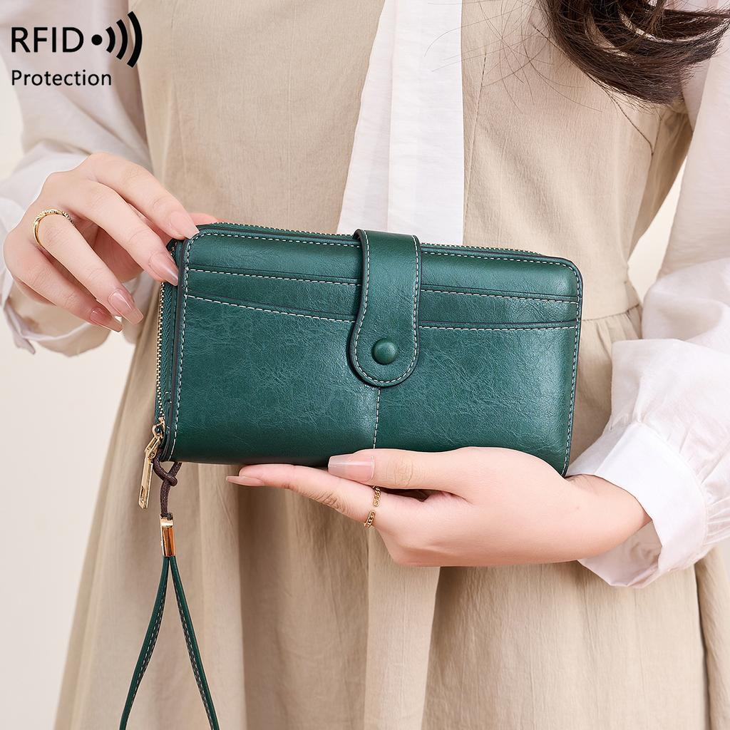 Women's Wallet RFID Anti-Theft Vintage Two Fold Large Capacity Long Wallet Zipper Buckle Multi Slot Coin Purse Card Holder PU Leather Clutch
