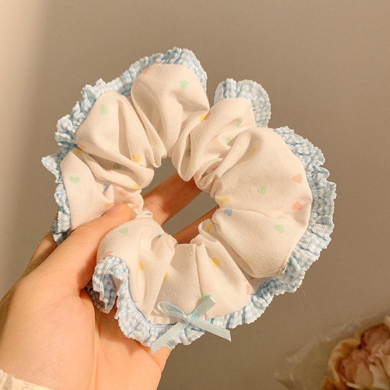 Large Korean-Style Blue Bow Lace Scrunchie Hair Accessory