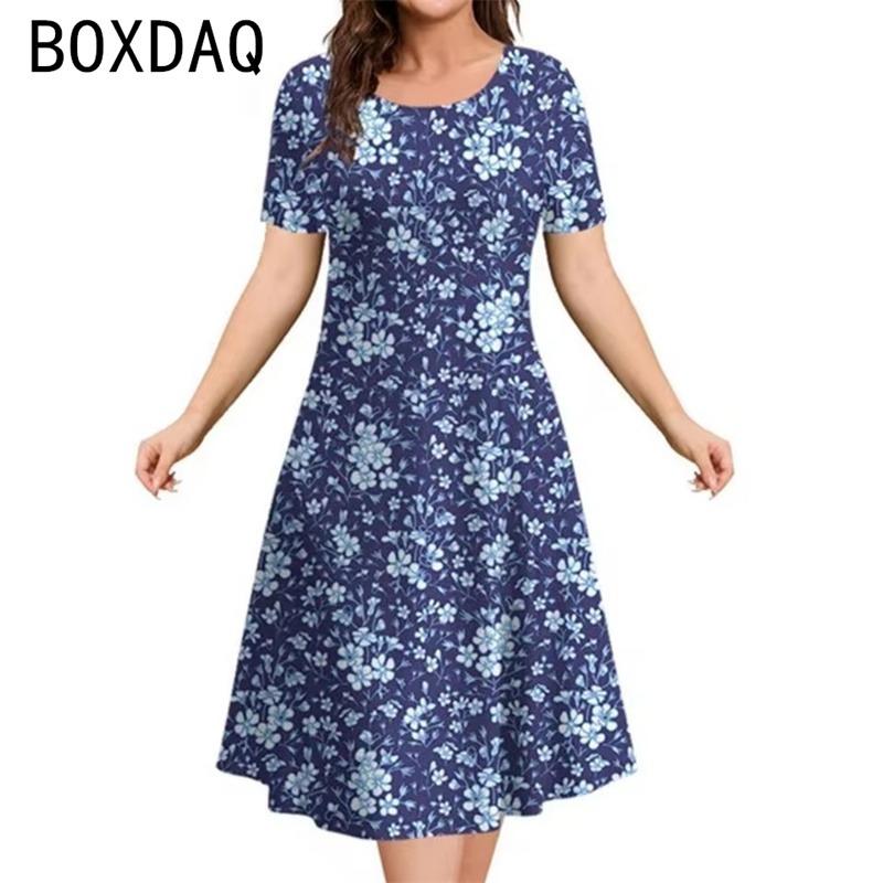 Vintage Flower Women s Summer DressO-neck Short Sleeved Casual Loose A-Line Dress Female Elegant Dress L