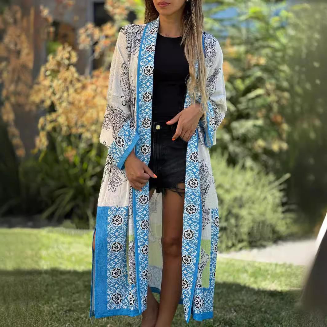 

Весенне-осенний женский модный кардиган с длинным рукавом, повседневный кардиган с принтом больших размеров 3XL синий