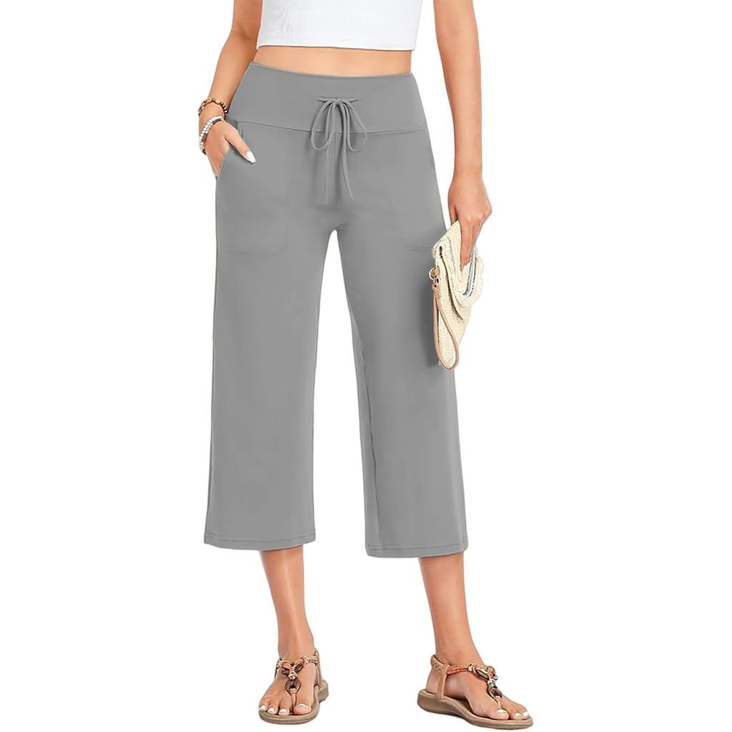 Women Summer Casual Drawstring Waist Wide Leg Cropped Pants with Pockets Lightweight Loose Fit Lounge Capri Trousers for Yoga and Everyday Wear
