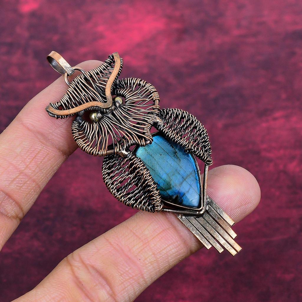 Labradorite Pendant Copper Wire Wrapped Jewelry Owl Pendant Gemstone Jewelry