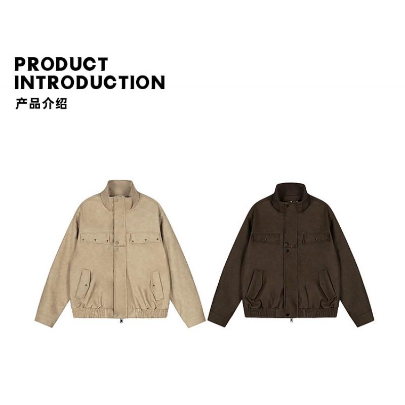 Unisex Oversized PU Leather Jacket With Stand Collar Casual Lightweight Outerwear Fall