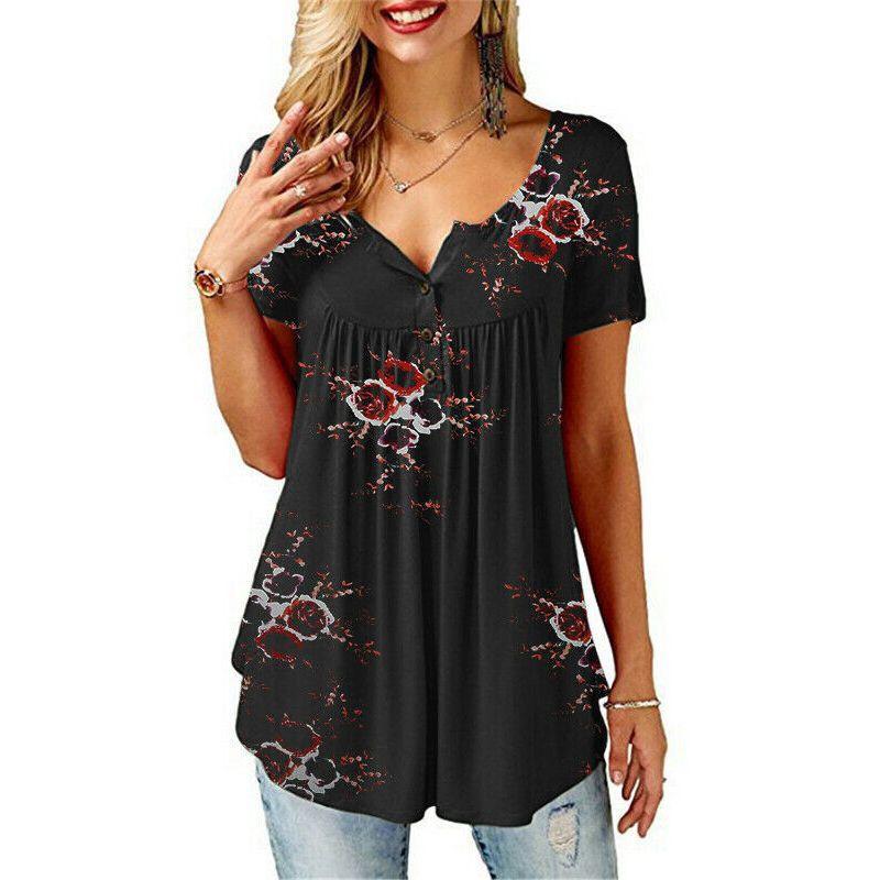 Women Floral Short Sleeve T Shirt Tops Ladies Tunic Baggy V Neck Pullover Blouse