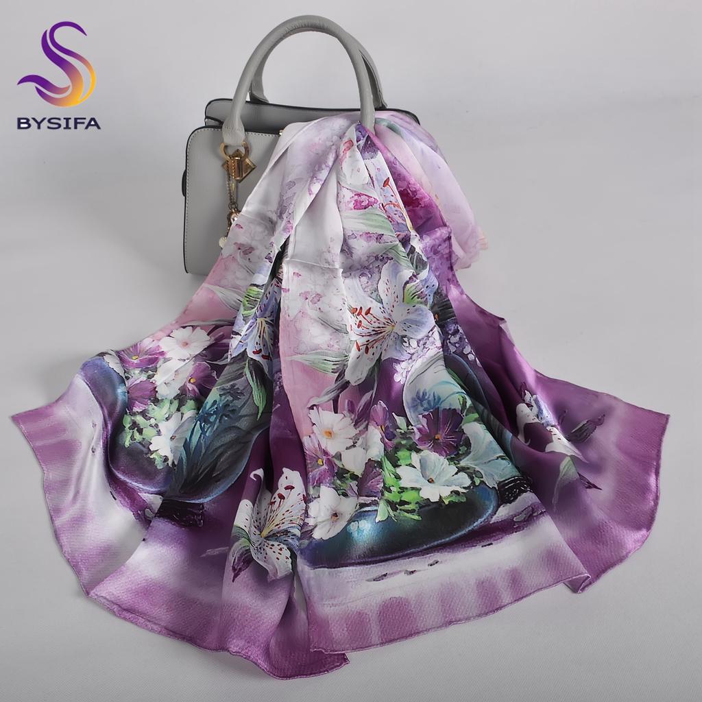 Blue Purple Silk Scarf Foulard Women Brand China Peony Long Scarves Printed Fall Winter100% Silk Ladies Scarf 170*53cm