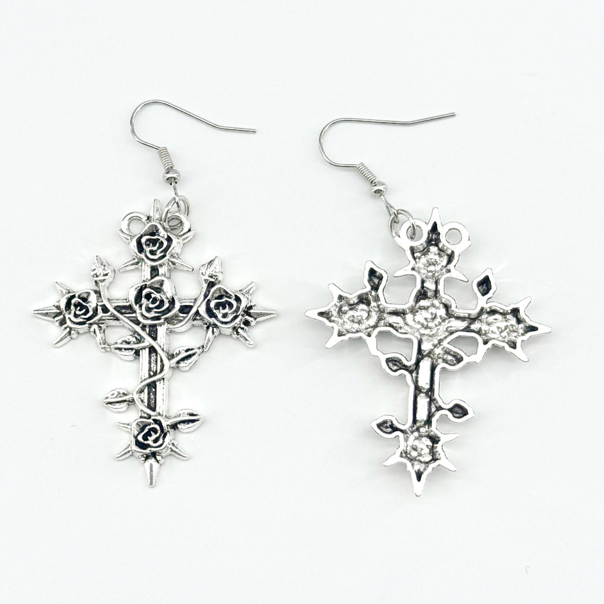 Unisex Dark Rose Thorn Cross Pendant Necklace & Earring Set серебряный