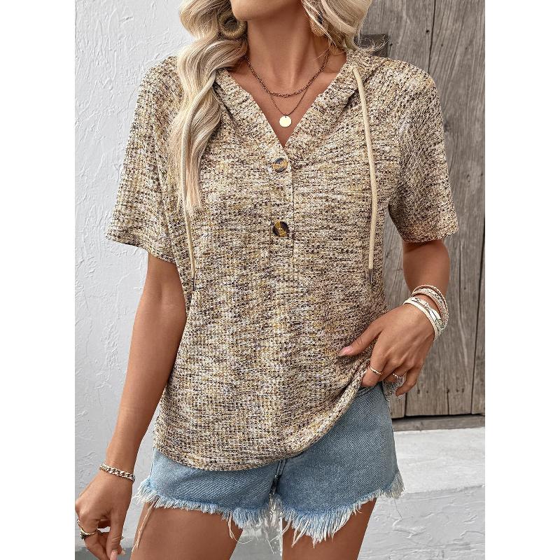2026 Women's Clothing Summer New Waffle Knit Button V-Neck Drawstring Hooded Short Sleeve Top