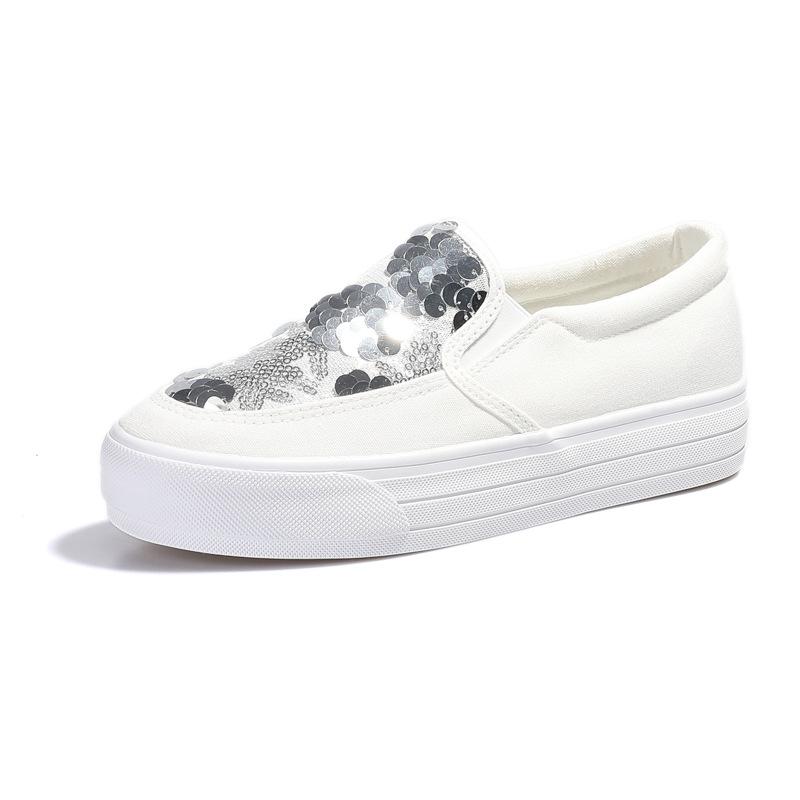 Women's White Canvas Loafers Glitter Platform Low Top Slip-On Casual Shoes Comfort for Daily Walking Sneakers for Girls