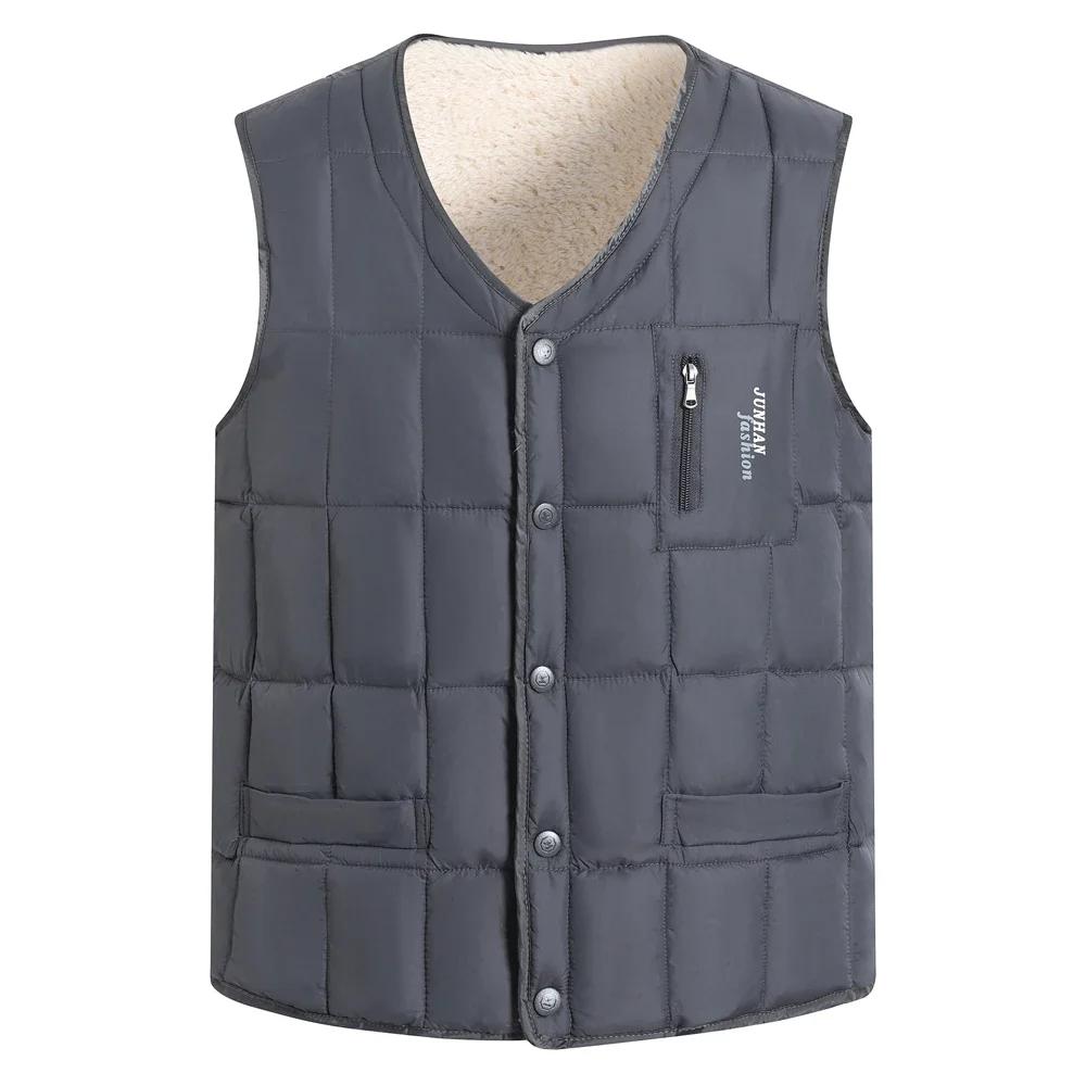 Winter Men's Vest Casual Padded Plush Single-breasted Sleeveless Winter Jacket Fashion V-neck Warm Fishing Vest Clothing