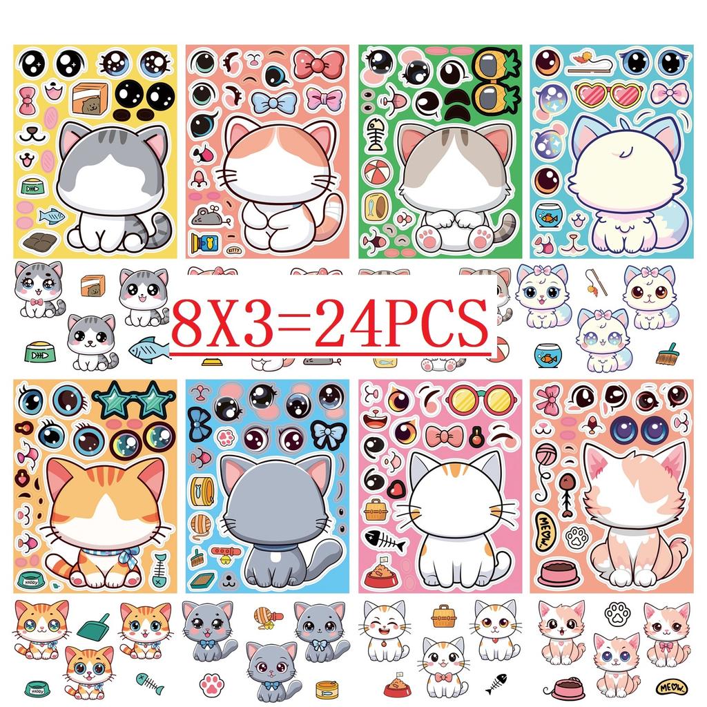 16/24PCS Cute Cat Face Changing Stationery Notebook Reward Stickers DIY Puzzle Make a Face Cartoon Stickers