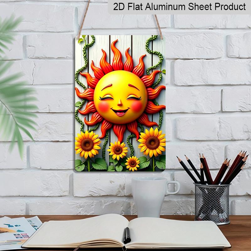 2D Flat, 1pc Trebalena Vintage Embossed Aluminum Sign "Charming Sunflower & Smiling Sun Metal Wall Art - Vibrant Design for Outdoor Garden Decor