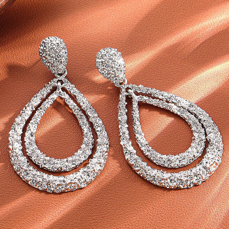 Europe and America Exaggerated Vintage Metal Waterdrop Earrings for Women Girls Double Layered Long Earrings Chunky Jewelry Gift