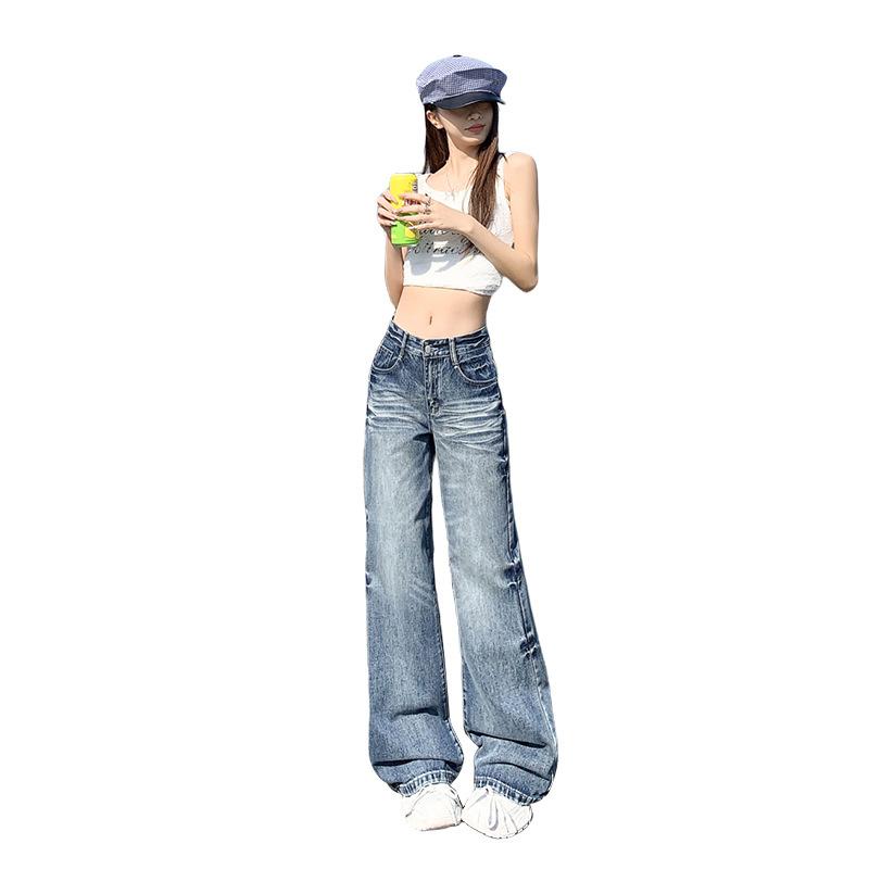 American low-rise slightly pulled jeans women's summer new straight loose wide-leg thin horseshoe flared pants