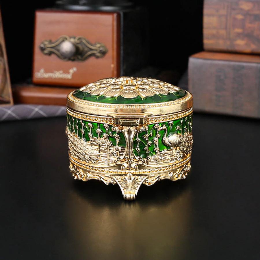 Pfauenrunde Schmuckschatulle Europäisch Retro Ohrringe Ohrringe Schmuckaufbewahrungsschachtel High-End Kreativ Gold Grün Schmuckschatulle