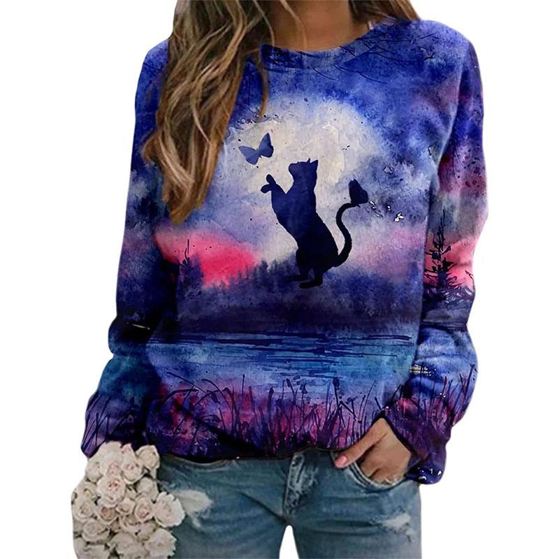 Cute Cat Floral Sweatshirts Flower 3D Print Women New O-Neck Hoodies Casual Streetwear Y2k Pullovers Harajuku Top Woman Clothing
