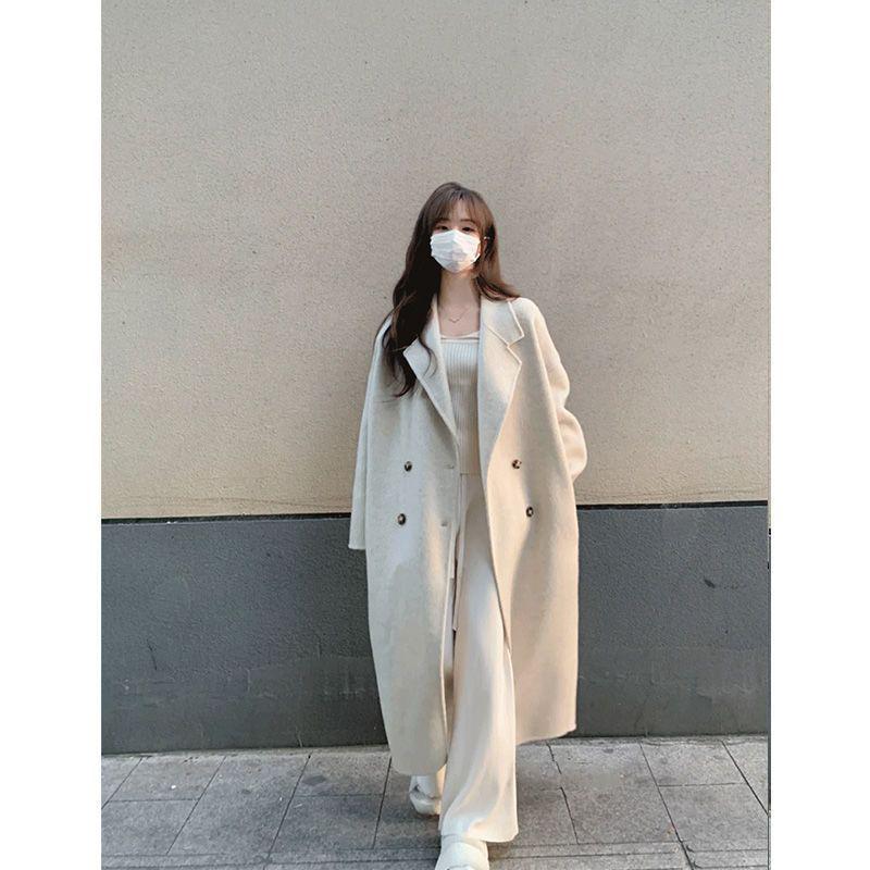 Women's Mid-Length Wool Blend Coat - Autumn/Winter, Over-the-Knee, Cotton-Padded, Double-Breasted, Loose Fit, Straight Cut, Thick Windbreaker.