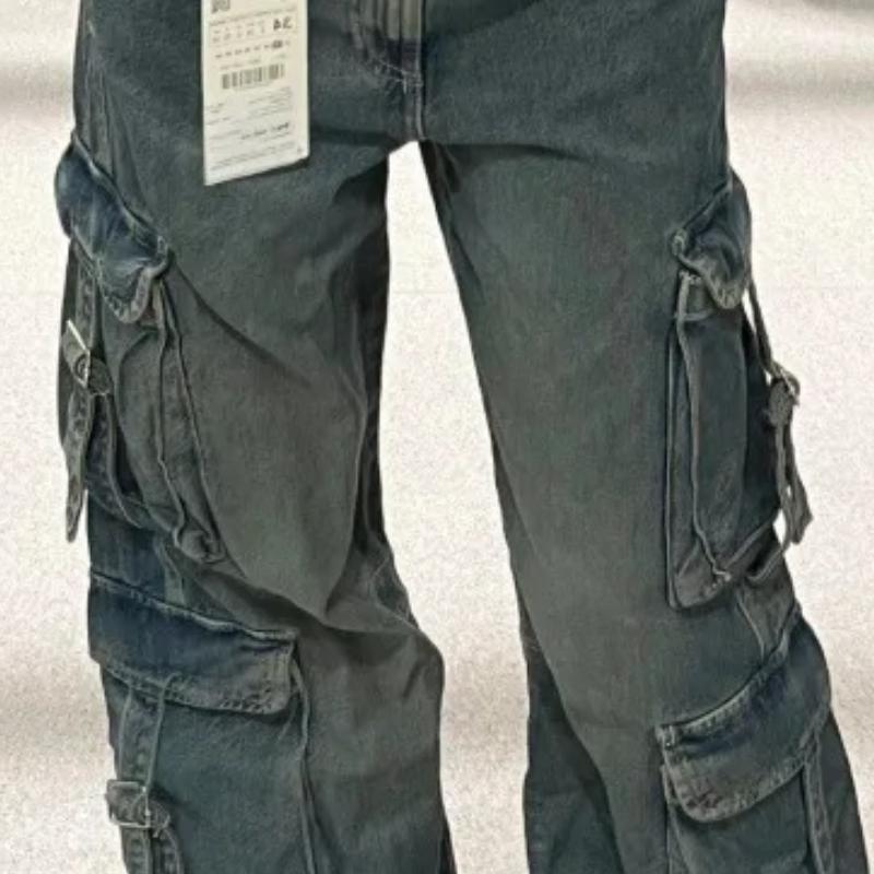 2024 Nowe jeansy robocze Vintage Luźny krój Szerokie nogawki Styl uliczny Amerykański design Kieszonkowy Modny hipsterski