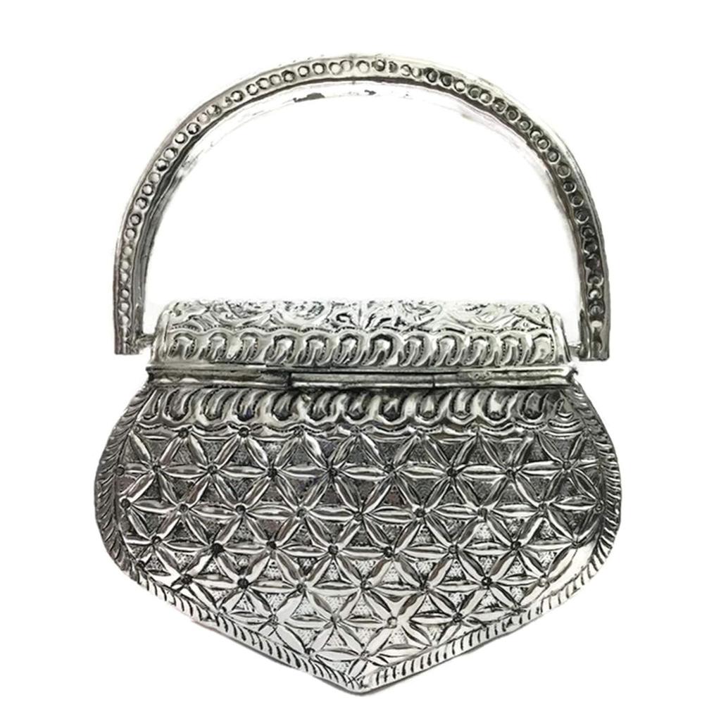 Damen Messing Metall Ethno Clutch Henkeltasche (Silber)