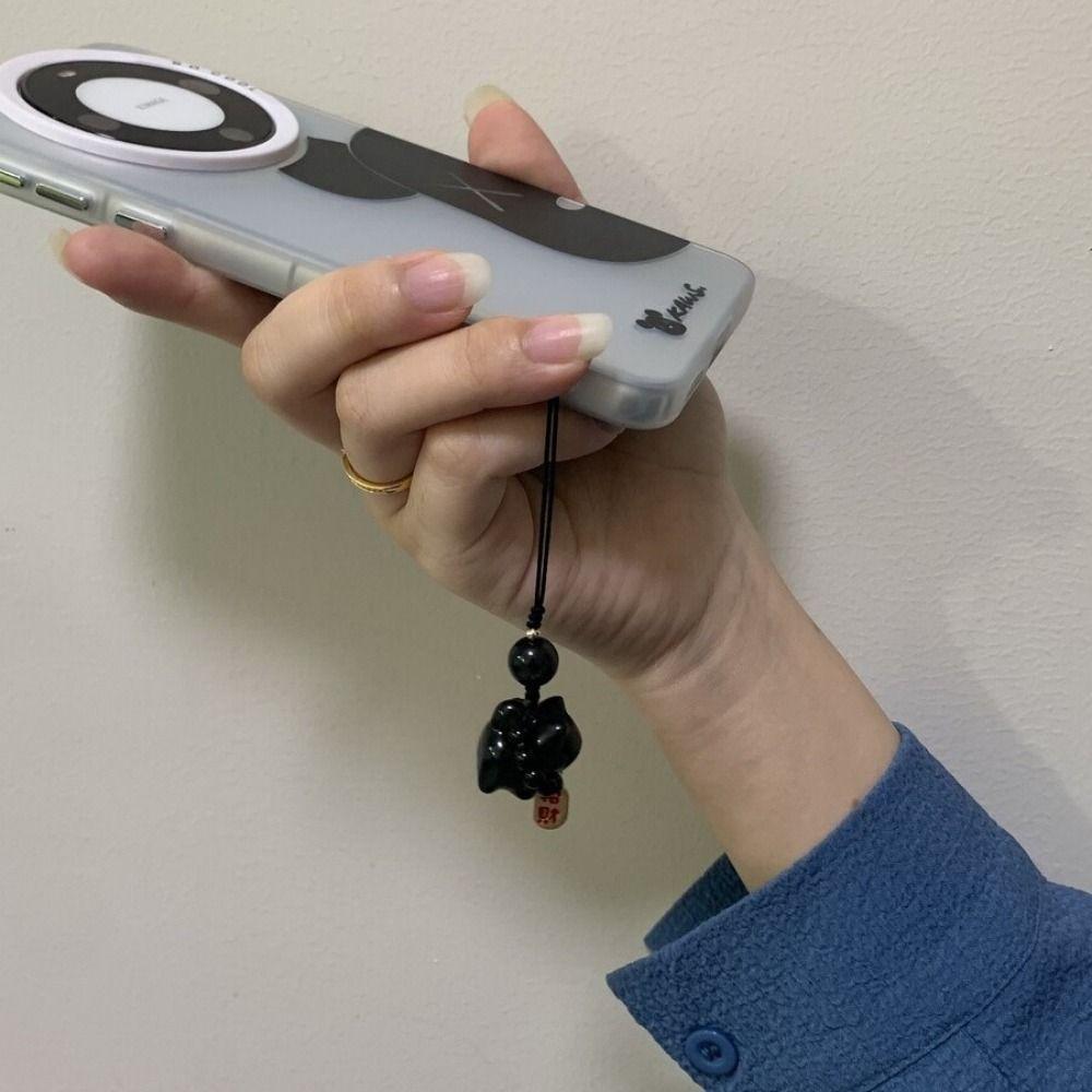 Stone Lucky Cat Braid Rope Pendant Silver Obsidian Cat Car Key Ring Cute Bag Charms  Couple
