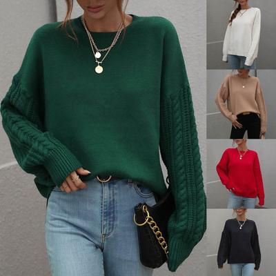 Women's  And Winter  Solid Round Neck Long Sleeve Knit Sweater Pullover Sweater