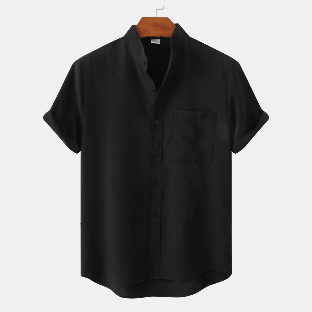 Camicia da Uomo in Cotone e Lino Monocolore a Maniche Corte da Uomo