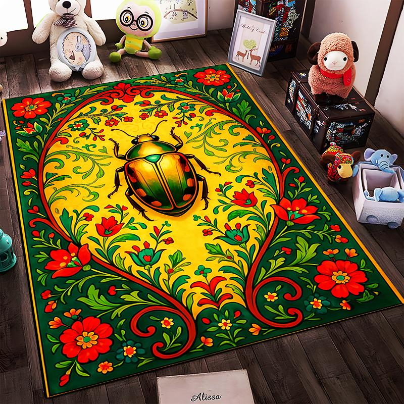 Colorful Beetle and Floral Pattern Carpet with Green and Red Motifs Suitable for use as an anti-slip for living room bedroom sofas