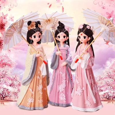 Traje Tang estilo chinês retrô para meninas, guarda-chuva de papel oleado, boneca de resina, ornamentos, artesanato, estatuetas, miniaturas, decoração para casa e casamento