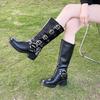 Winter Mid Calf Retro Women's Boots Autumn Round Toe Platform Shoes for Women Heeled Shoes Belt Buckle Block Heel Boots