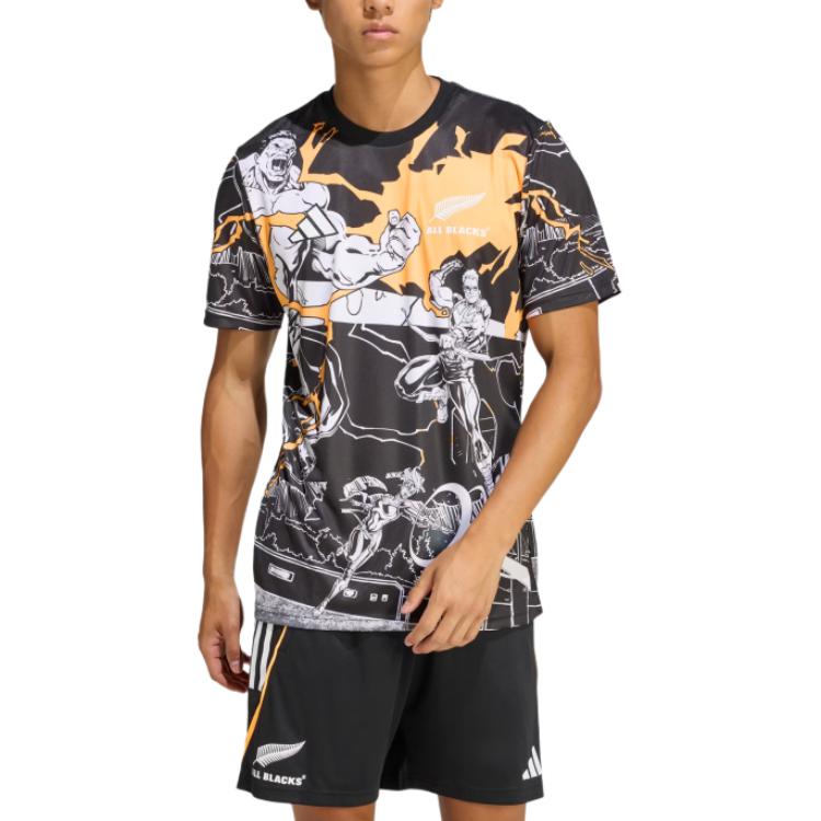 Adidas X Marvel Συνεργασία Ράγκμπι Φθινόπωρο/Χειμώνας 25 All Blacks Captains Run Απορρόφηση Υγρασίας Στενή Εφαρμογή Κουκούλα Κοντομάνικη Μπλούζα Ράγκμπι Ανδρικά κορυφές JV7531