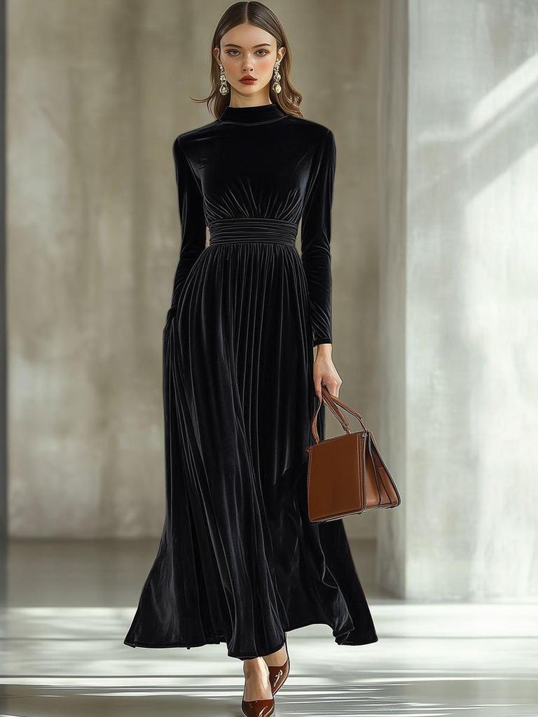 Women's Elegant Gold Velvet Long-Sleeve Dress with Cinched Waist and Flared Hem for Autumn/Winter
