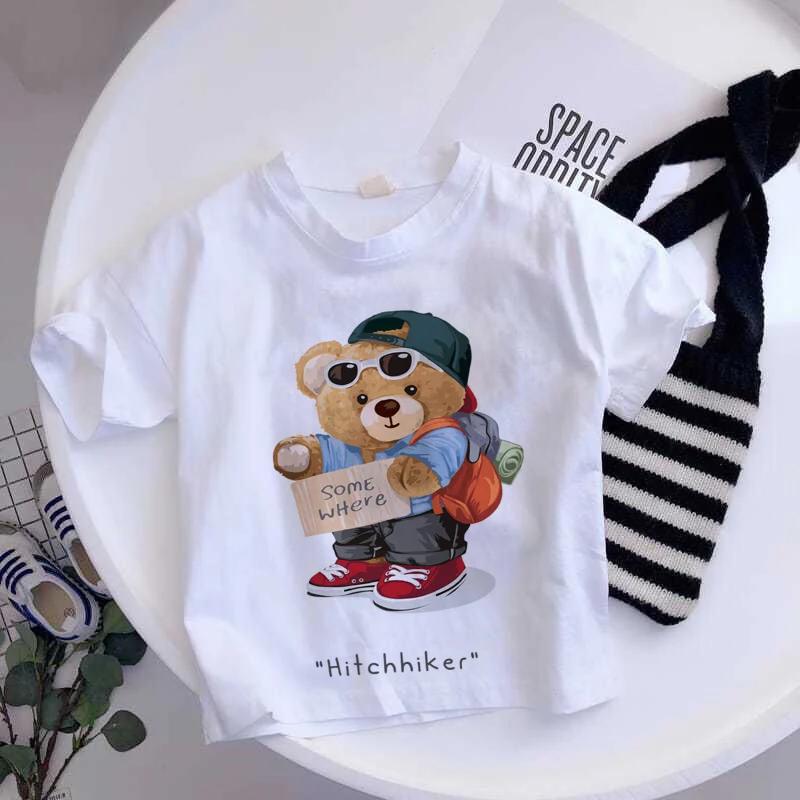 Girls Fashionable Pure Cotton TShirt with Teddy Bear Cartoon Pattern Summer Clothing Fun Childrens Wear Y2K Style