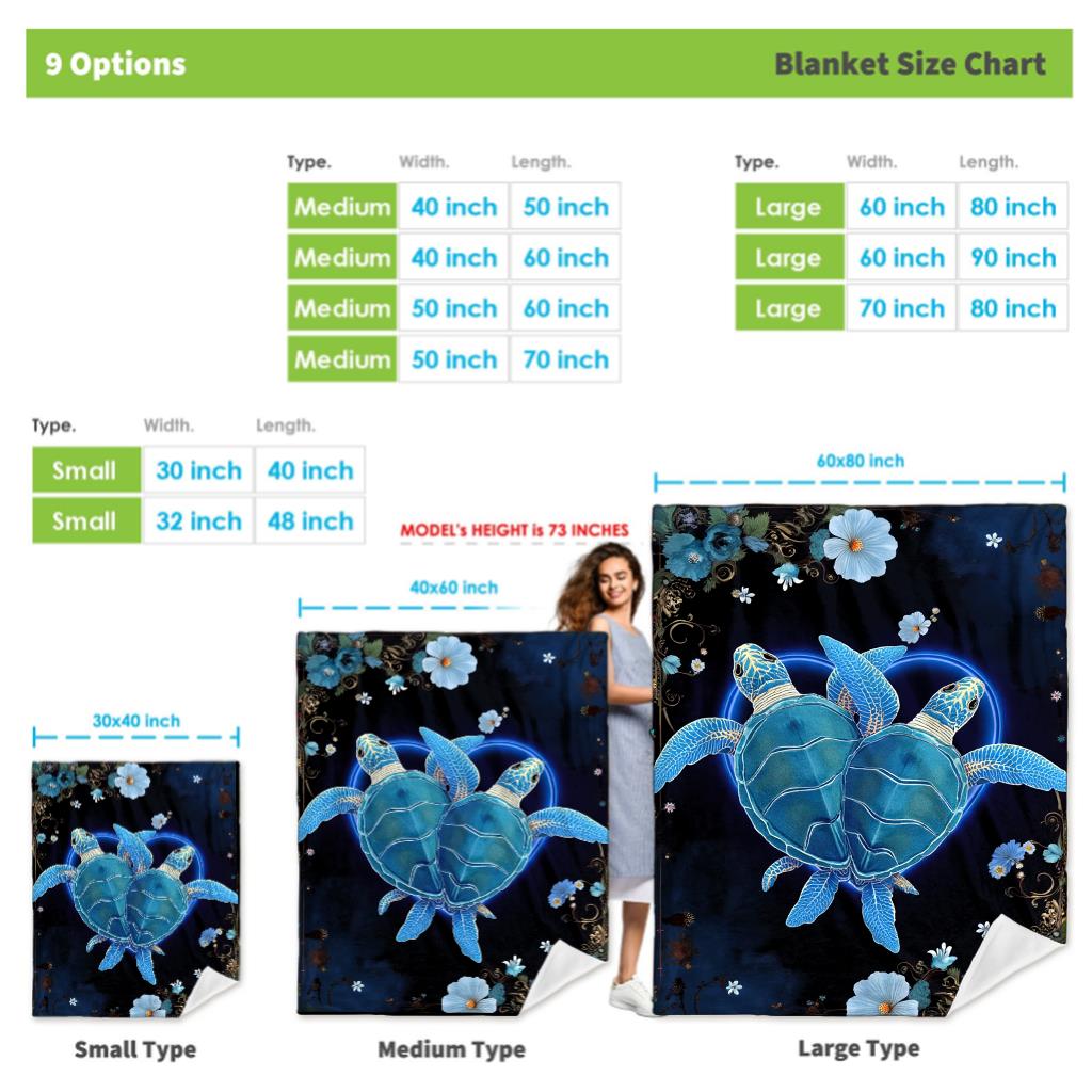 Blue Turtle Heart Fleece Blanket Ocean Animal Art Design Floral Pattern Soft Cozy Throw Marine Life Decor Gift for Nature Lovers