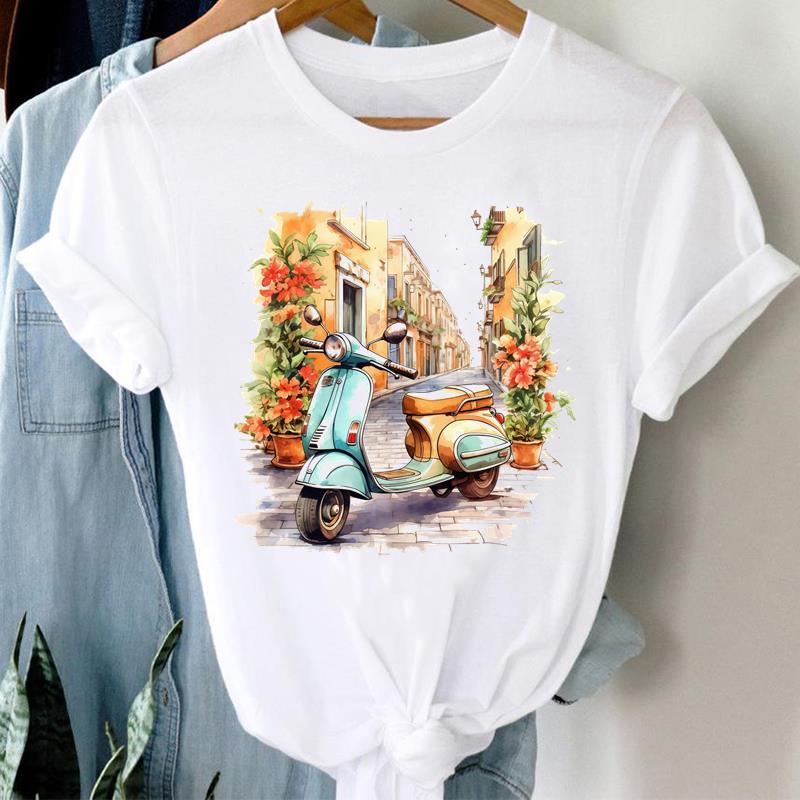 (Asian Size) Love Heart Flower Clothing Lady O-neck Short Sleeve T-shirts Printed Female Top Casual T Shirt Fashion Women Graphic Tee