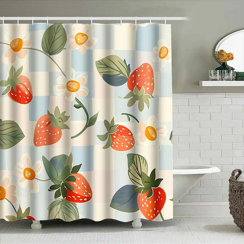 Duschdraperi med jordgubbsmönster för badrum - Vattentätt och hållbart med attraktiv design, kompletterande krokar, lätt att rengöra