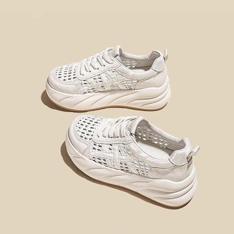 Summer New Hollow Leather Thick Sole Height Increase 6cm Fashion Casual Shoes Women's Versatile Breathable Sports Shoes