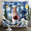 Funny Shower Curtain Cute Sea Cat Riding Shark Whale Cartoon Animal Creativity Kids Bathroom Decor Polyester Fabric Cloth Hooks