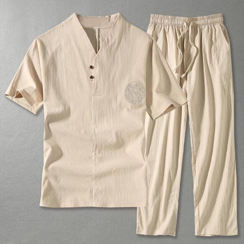 Ανδρικά Ρούχα Μεγάλο Μέγεθος Σπίτι Σύζυγος Καλοκαιρινό Κοστούμι Λινό T-shirt Μοντέρνο Ανδρικό Σετ Κινεζικό Στυλ 8XL 9XL συν Δύο Τεμάχια
