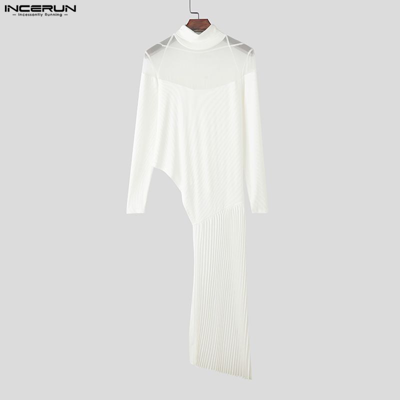 INCERUN Men Casual Turtleneck Long Sleeve Mesh Sheer Patchwork Irregular T-shirts Undershirts