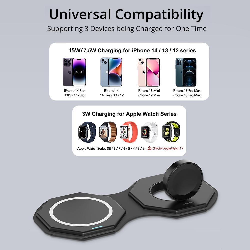 Foldable 2 In 1 Wireless Charger Pad For Apple Watch Ultra/8 15w Magnetic Wireless Charging For Iphone 11/12/13/14 Pro