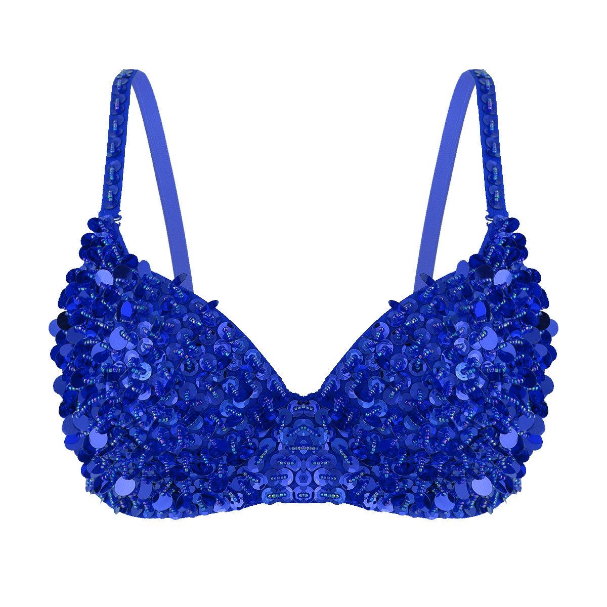 

Жіноча нижня білизна Нижня білизна Підкладений бюстгальтер Топ Модний блискучий бюстгальтер Бюстгальтер для клубного танцю живота 34A, 34B синій