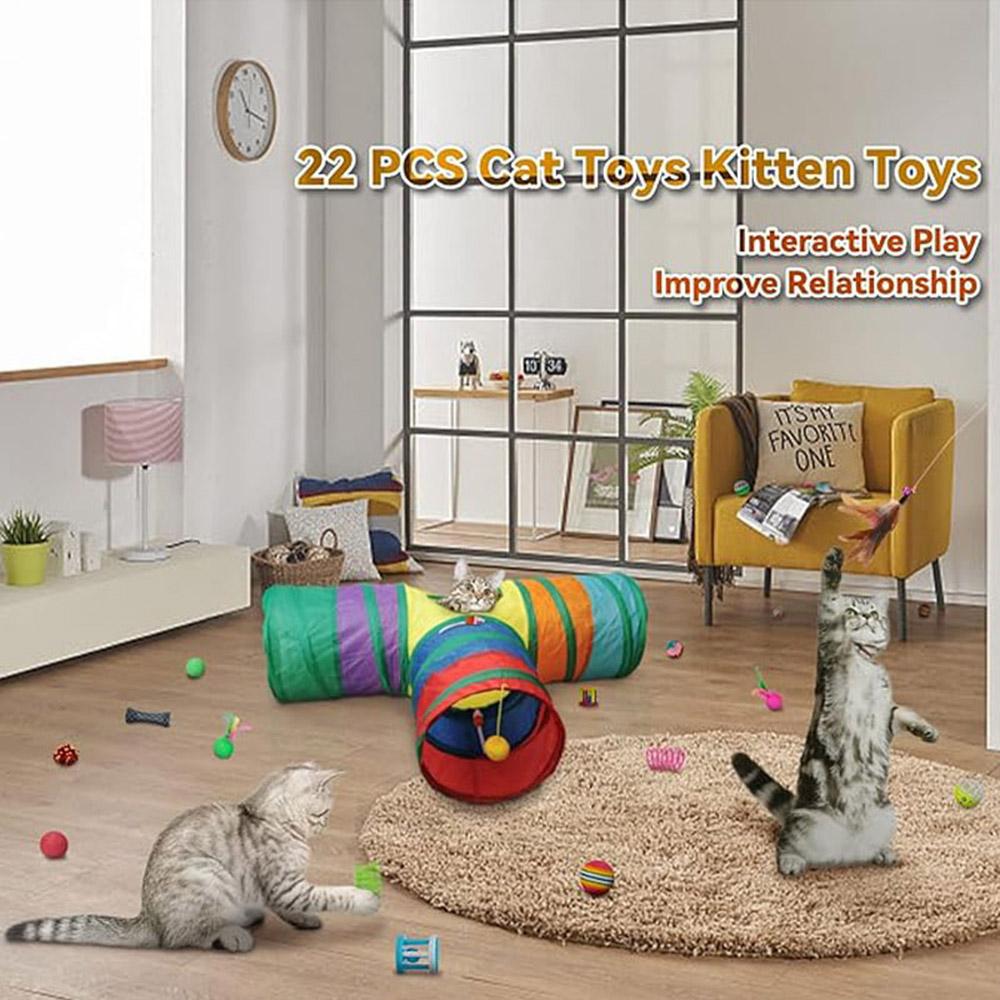 21Pcs/Set Cat Toys Set with T-Shaped Colorful Tunnel Interactive Cat Toy Feather Mouse Crinkle Balls