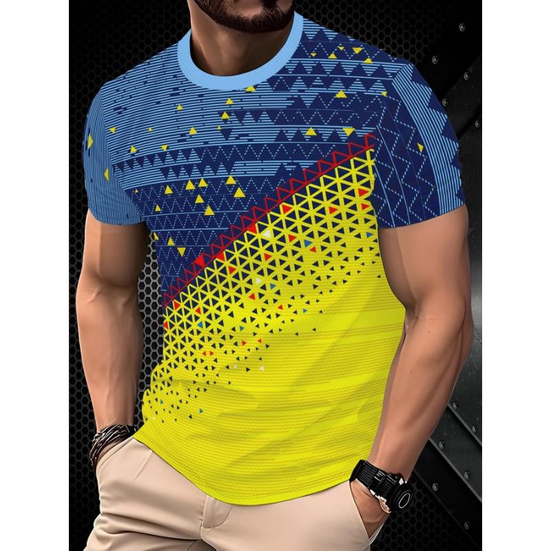 Men'S Blue Yellow Contrast Geometric Print Quick-Dry T-Shirt, Men'S Athletic Casual Short Sleeve, Trendy Round Neck Breathable Top