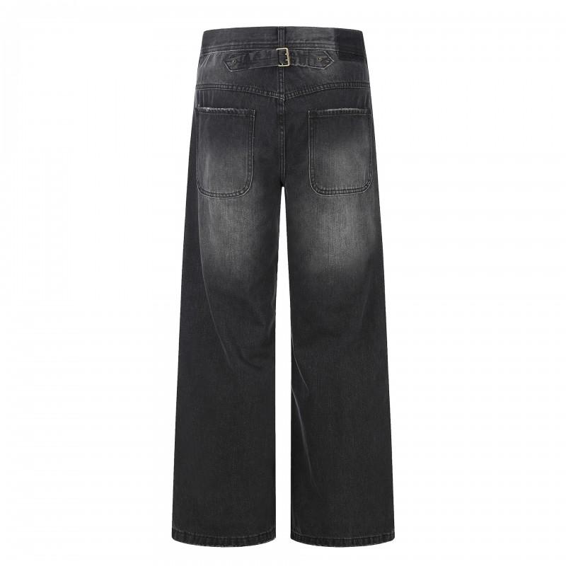 Unisex Retro Washed Black Denim Jeans Loose Straight Cut High Street Style Cotton Blend