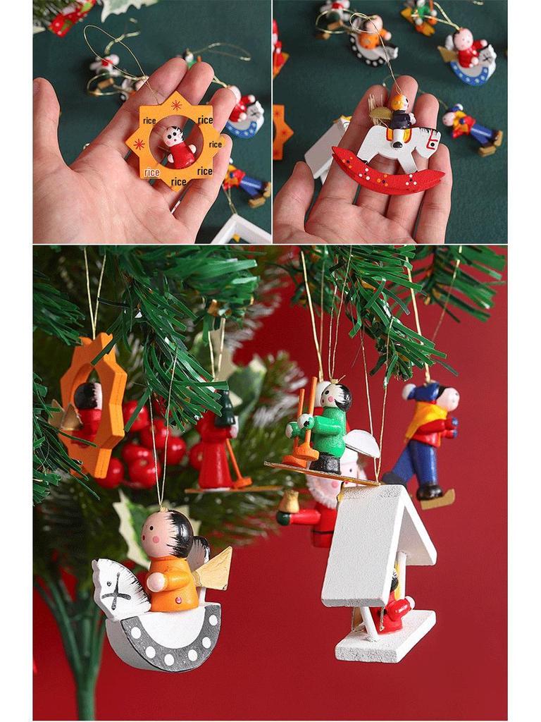 Hand-Painted Wooden Christmas Tree Ornaments Small Pendant Dolls in Box
