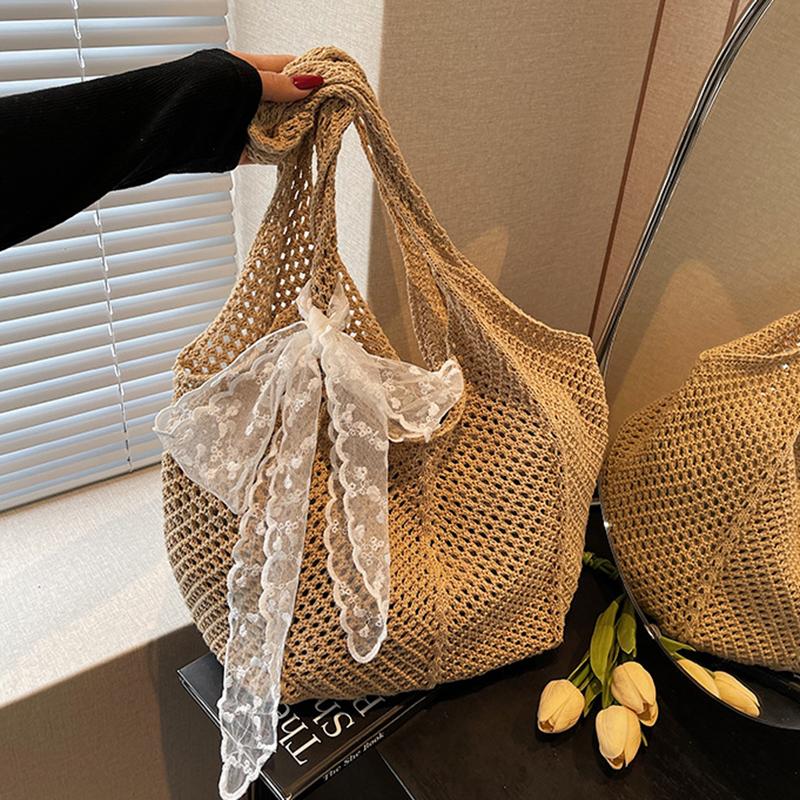 Yogodlns Women Hollow Out Crochet Tote Bag Fashion Knitted Bag Large Capacity Scarf Decor Handbag Female Summer Beach Solid Color Woven Shoulder Bag