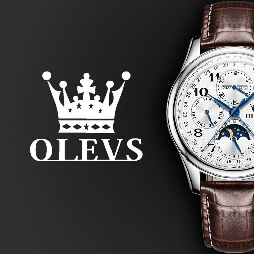 OLEVS Automatic Men's Wristwatch Multi-Calendar Moon Phase 3 ATM Water Resistant Business Classic Luxury White