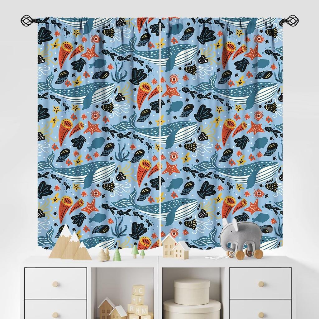 Kids Sea Animal Curtains Teens Boys Girls Bedroom Nursery Decor Cartoon Sharks Art Printed Window Drapes Fabric Light Blocking Polyester Sleeping Area